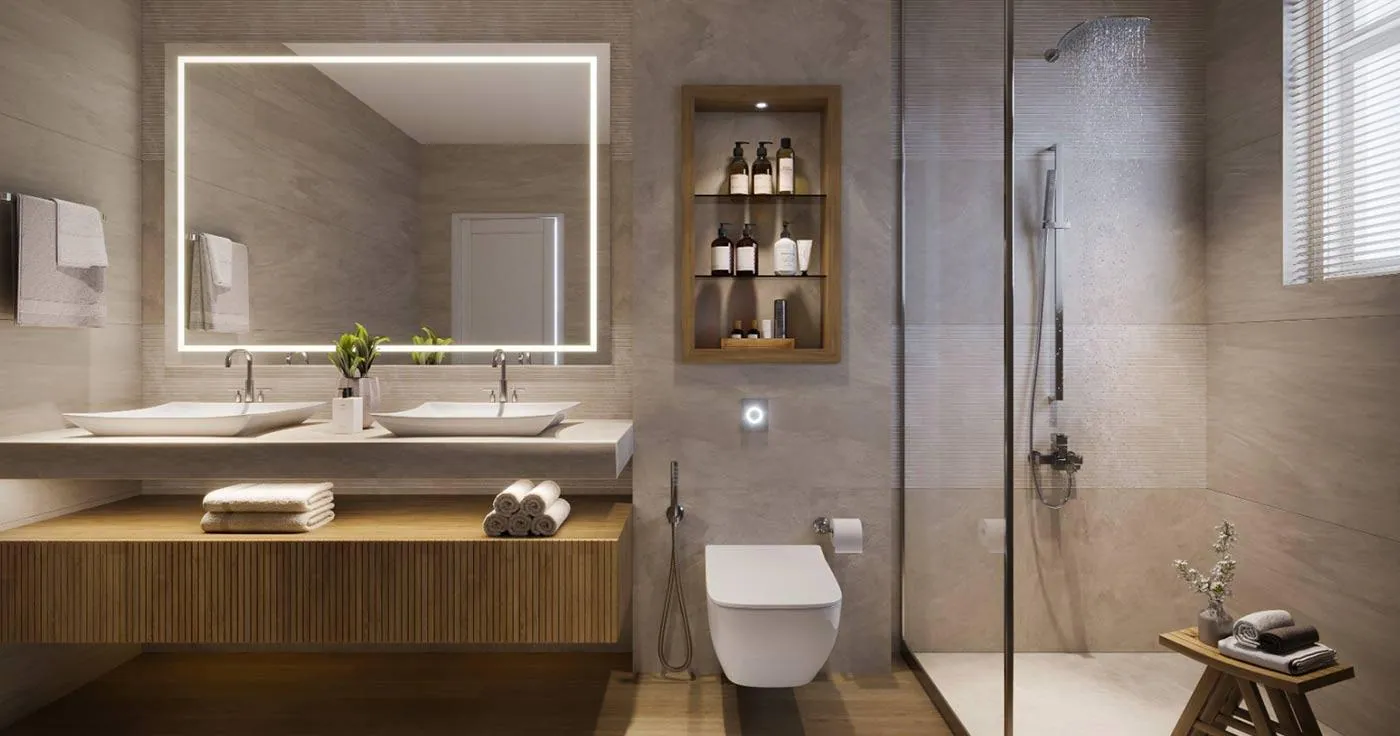 Bathroom vanity with a backlit mirror