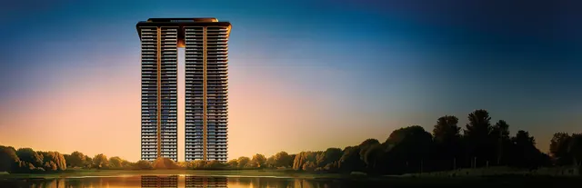 AIPL Riviera - towers at sunset over lake, panoramic thumbnail