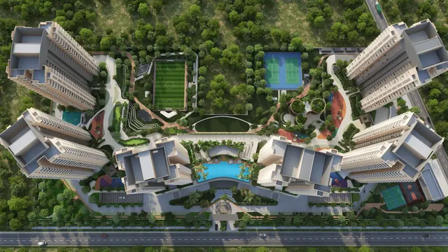 Ashiana Aaroham - top-down aerial of site with clubhouse and courts thumbnail