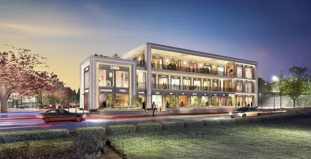 DLF Club Arcade - Dusk render of the Club Arcade facade with lit shopfronts thumbnail