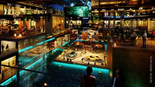 Elan The Mark - Central atrium with water feature at night, render thumbnail