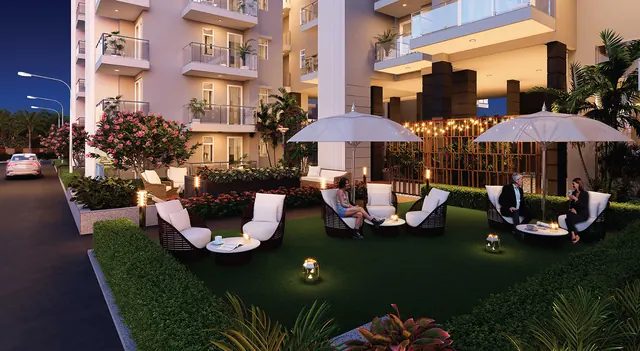 Godrej Arista - landscaped seating court at dusk thumbnail