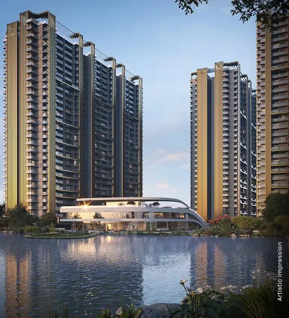 M3M Crown - towers and clubhouse across water thumbnail
