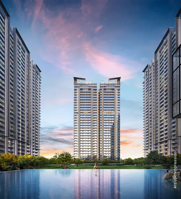 M3M Golf Hills - towers across lake at sunset (portrait) thumbnail