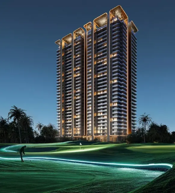 M3M St Andrews - Tower exterior at dusk with golf green, render thumbnail