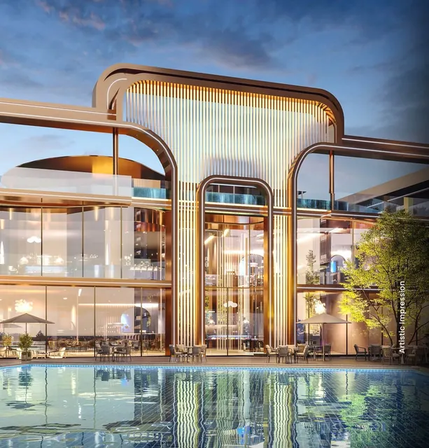 M3M St Andrews - Clubhouse facade with pool, render thumbnail