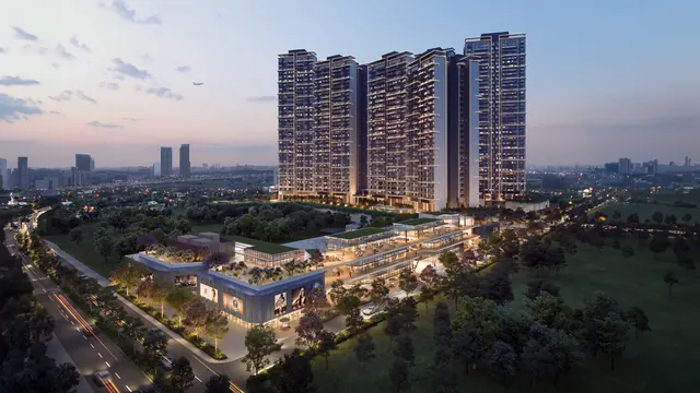 Signature Global Deluxe DXP 37D - towers and podium aerial at dusk thumbnail