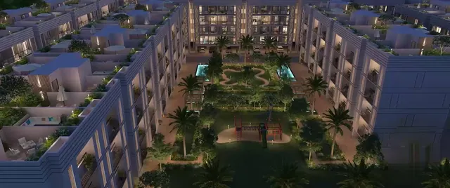 Whiteland Blissville - central courtyard at night aerial (render) thumbnail